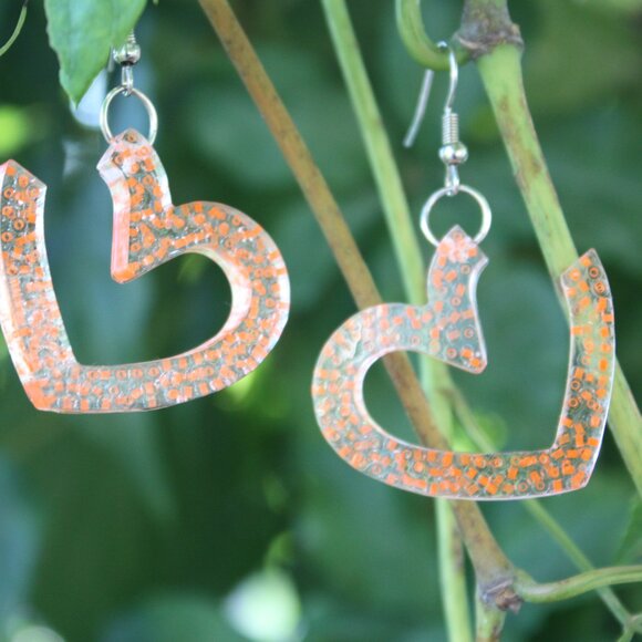 Hand Crafted Neon Orange Heart Earrings - Picture 4 of 5